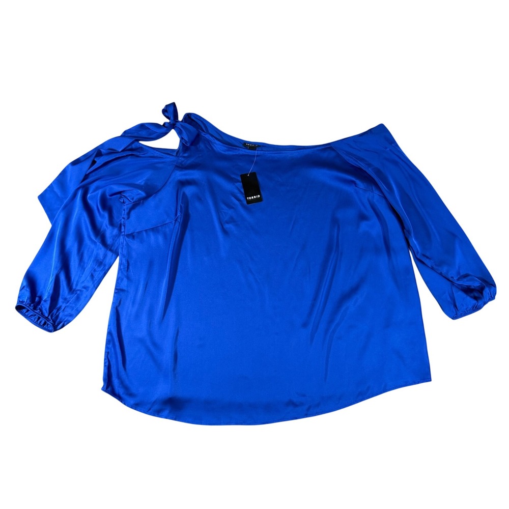 Torrid Blouse Satin Tie Cold Shoulder Blue Long Sleeve 1X 14-16 New